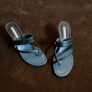 Manolo Blahnik Navy Snakeskin Susa Leather Kitten Heel Sandal